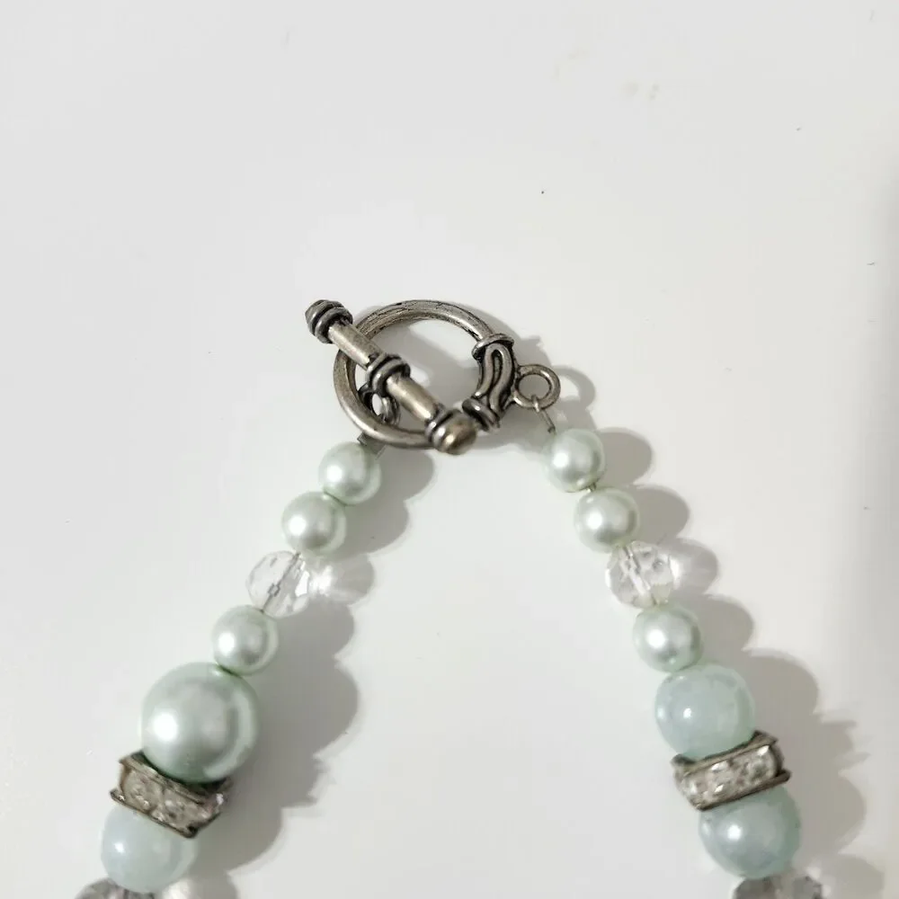 Mint Green Transparent Rhinestone Silver Tone Round Square Beaded Necklace